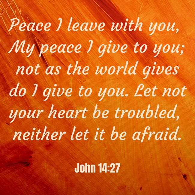 Peace I leave with you, My peace I give to you; not as the world gives do I give to you. Let not your heart be troubled, neither let it be afraid. - John 14:27