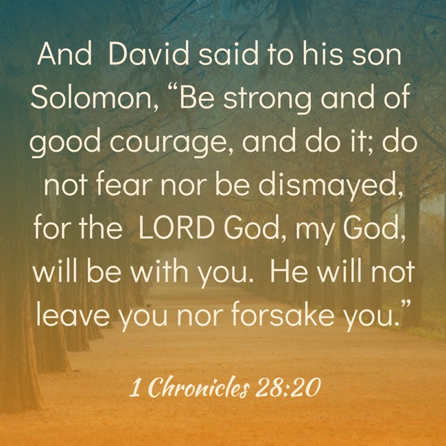 And David said to his son Solomon, “Be strong and of good courage, and do it; do not fear nor be dismayed, for the LORD God, my God, will be with you. He will not leave you nor forsake you.” - 1 Chronicles 28:20
