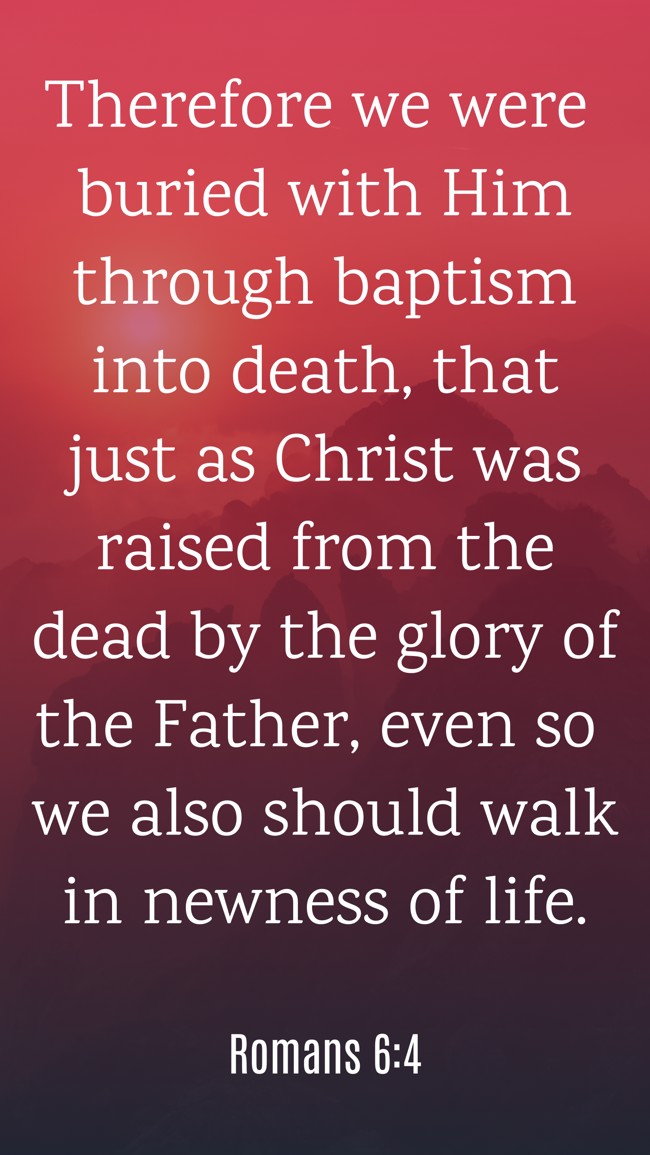 Therefore we were buried with Him through baptism into death, that just as Christ was raised from the dead by the glory of the Father, even so we also should walk in newness of life. - Romans 6:4