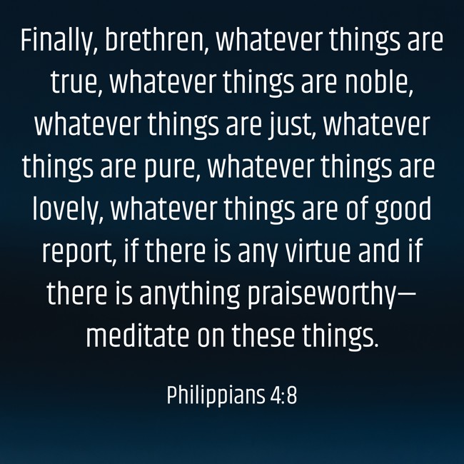 Finally, brethren, whatever things are true, whatever things are noble, whatever things are just, whatever things are pure, whatever things are lovely, whatever things are of good report, if there is any virtue and if there is anything praiseworthy—meditate on these things. - Philippians 4:8
