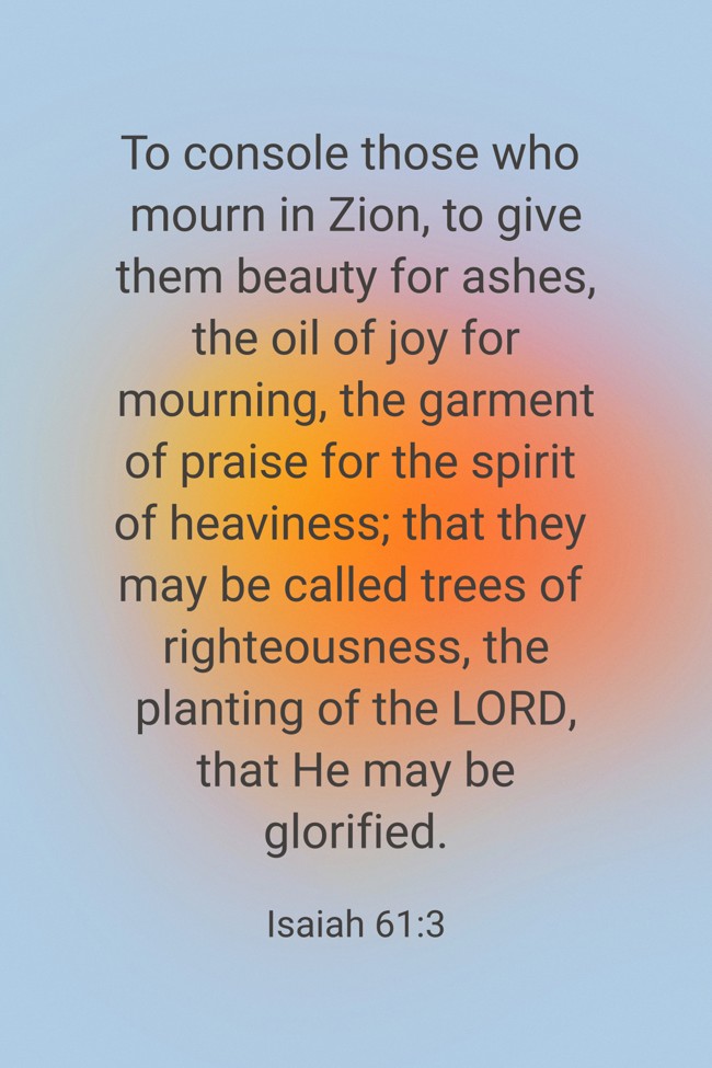 To console those who mourn in Zion, to give them beauty for ashes, the oil of joy for mourning, the garment of praise for the spirit of heaviness; that they may be called trees of righteousness, the planting of the LORD, that He may be glorified. - Isaiah 61:3