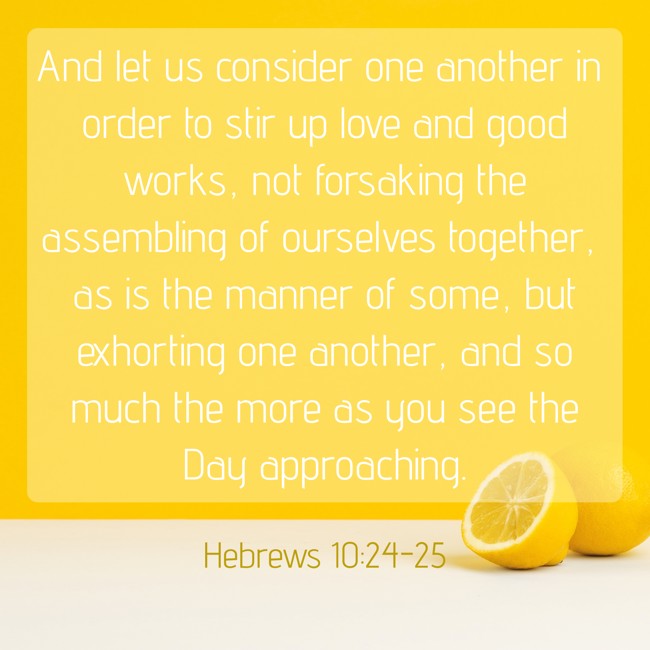 And let us consider one another in order to stir up love and good works, not forsaking the assembling of ourselves together, as is the manner of some, but exhorting one another, and so much the more as you see the Day approaching. - Hebrews 10:24-25