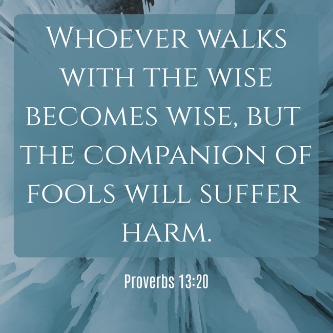 Whoever walks with the wise becomes wise, but the companion of fools will suffer harm. - Proverbs 13:20