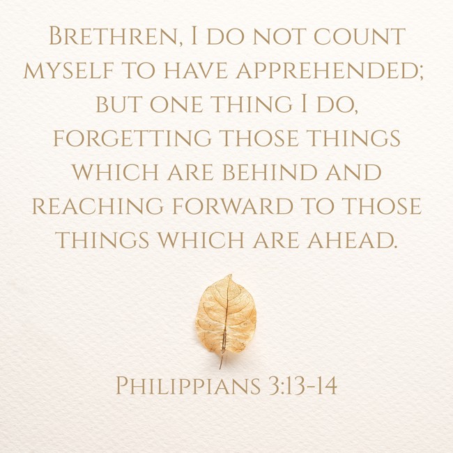Brethren, I do not count myself to have apprehended; but one thing I do, forgetting those things which are behind and reaching forward to those things which are ahead. - Philippians 3:13-14