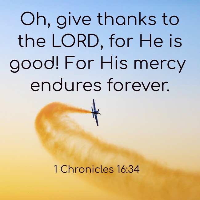 Oh, give thanks to the LORD, for He is good! For His mercy endures forever. - 1 Chronicles 16:34