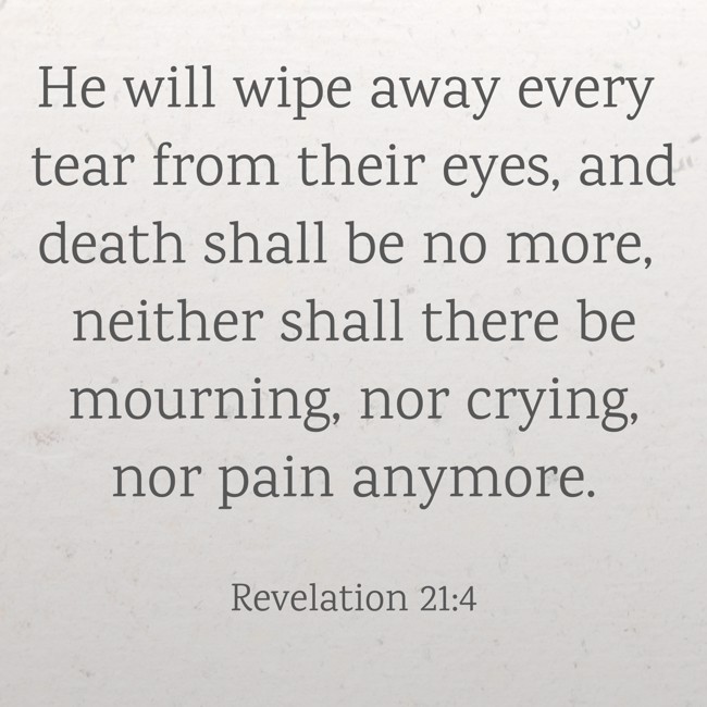 He will wipe away every tear from their eyes, and death shall be no more, neither shall there be mourning, nor crying, nor pain anymore. - Revelation 21:4