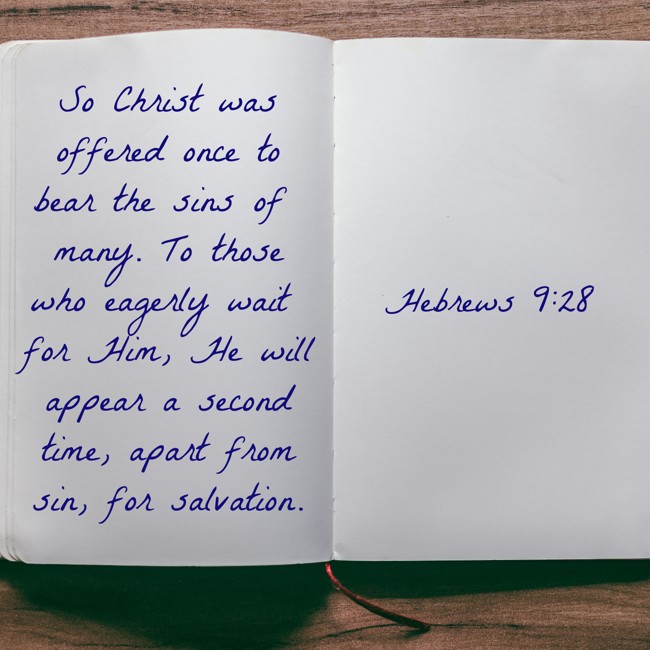  So Christ was offered once to bear the sins of many. To those who eagerly wait for Him, He will appear a second time, apart from sin, for salvation.   - Hebrews 9:28 