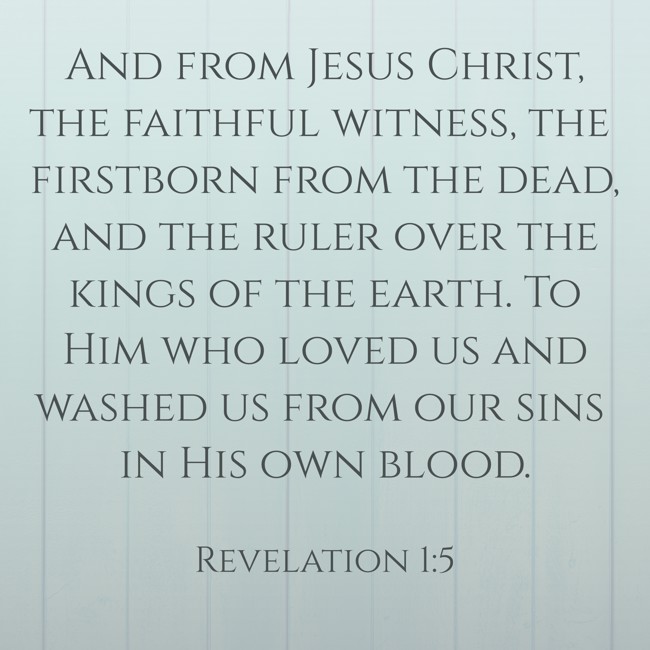 And from Jesus Christ, the faithful witness, the firstborn from the dead, and the ruler over the kings of the earth. To Him who loved us and washed us from our sins in His own blood.   - Revelation 1:5 