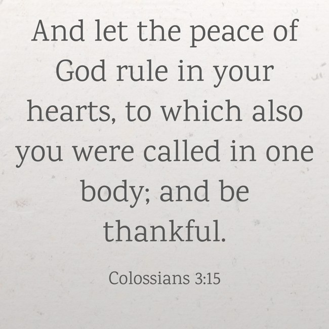  And let the peace of God rule in your hearts, to which also you were called in one body; and be thankful.   - Colossians 3:15 