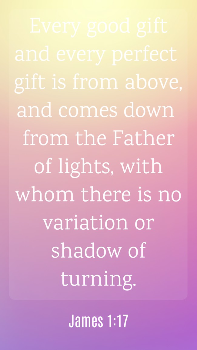 Every good gift and every perfect gift is from above, and comes down from the Father of lights, with whom there is no variation or shadow of turning. - James 1:17