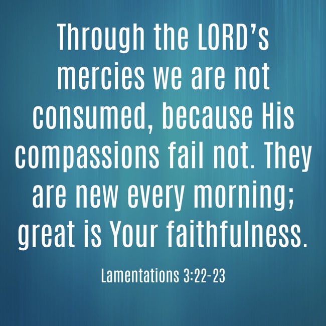 Through the LORD’s mercies we are not consumed, because His compassions fail not. They are new every morning; great is Your faithfulness. - Lamentations 3:22-23