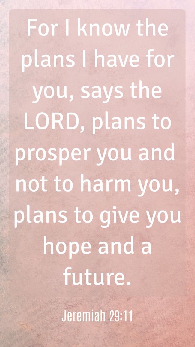 For I know the plans I have for you, says the LORD, plans to prosper you and not to harm you, plans to give you hope and a future. - Jeremiah 29:11