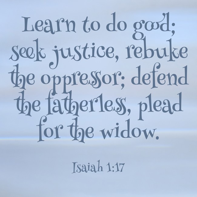 Learn to do good; seek justice, rebuke the oppressor; defend the fatherless, plead for the widow. - Isaiah 1:17
