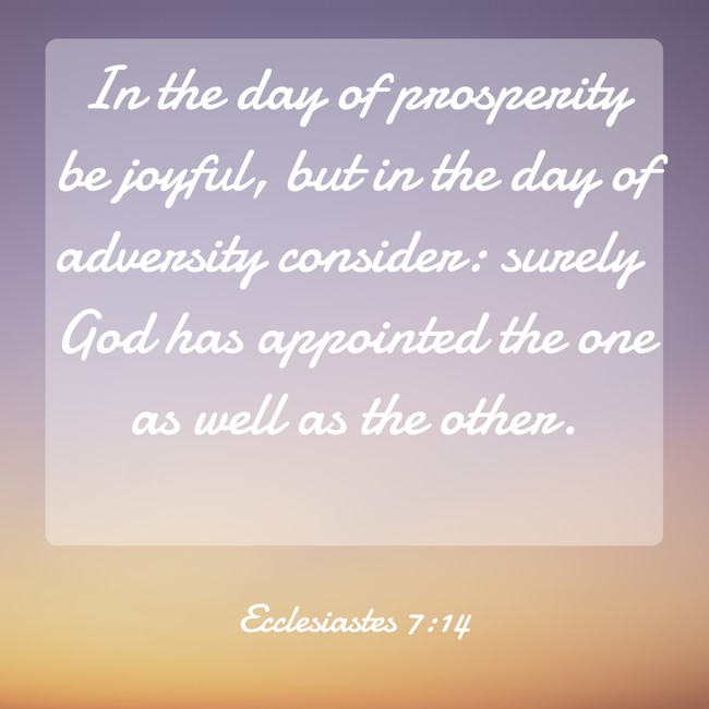 In the day of prosperity be joyful, but in the day of adversity consider: surely God has appointed the one as well as the other. - Ecclesiastes 7:14
