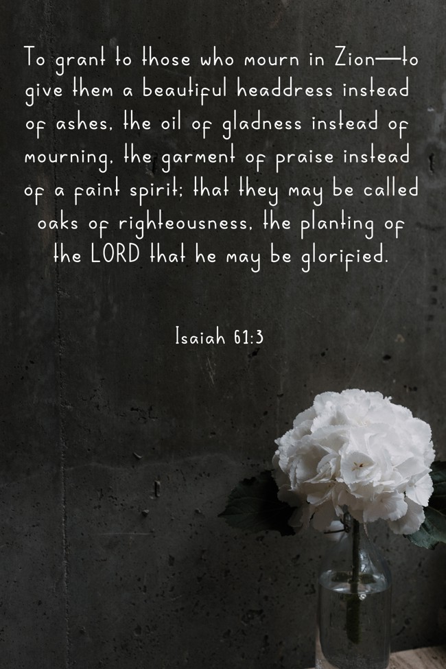 To grant to those who mourn in Zion—to give them a beautiful headdress instead of ashes, the oil of gladness instead of mourning, the garment of praise instead of a faint spirit; that they may be called oaks of righteousness, the planting of the LORD that he may be glorified. - Isaiah 61:3