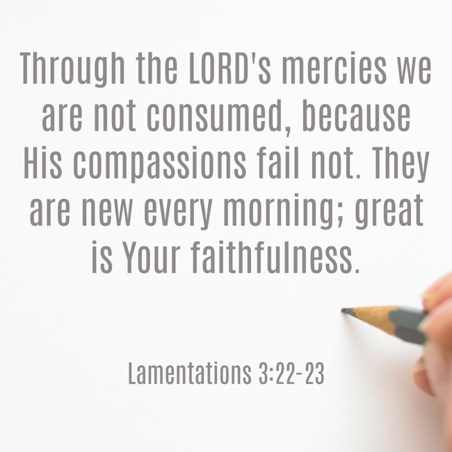 Through the LORD's mercies we are not consumed, because His compassions fail not. They are new every morning; great is Your faithfulness. - Lamentations 3:22-23
