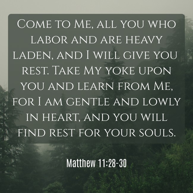 Come to Me, all you who labor and are heavy laden, and I will give you rest. Take My yoke upon you and learn from Me, for I am gentle and lowly in heart, and you will find rest for your souls. - Matthew 11:28-30