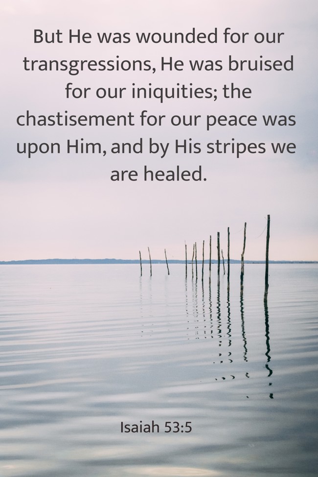 But He was wounded for our transgressions, He was bruised for our iniquities; the chastisement for our peace was upon Him, and by His stripes we are healed. - Isaiah 53:5