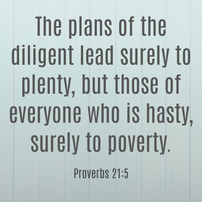 The plans of the diligent lead surely to plenty, but those of everyone who is hasty, surely to poverty. - Proverbs 21:5