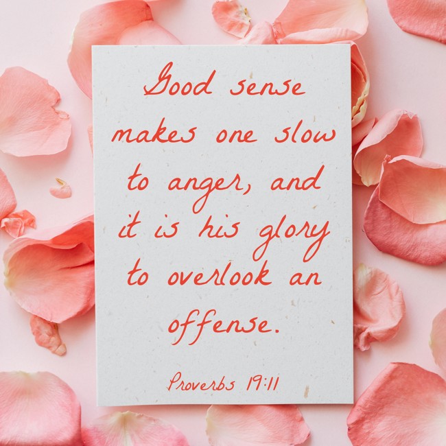  Good sense makes one slow to anger, and it is his glory to overlook an offense.   - Proverbs 19:11 