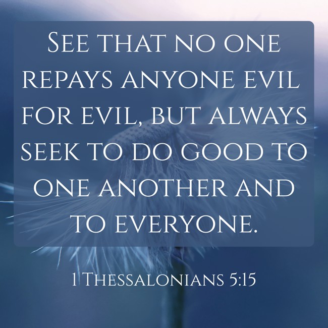  See that no one repays anyone evil for evil, but always seek to do good to one another and to everyone.   - 1 Thessalonians 5:15 