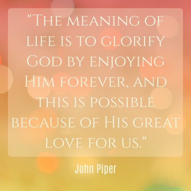  The meaning of life is to glorify God by enjoying Him forever, and this is possible because of His great love for us.   - John Piper 