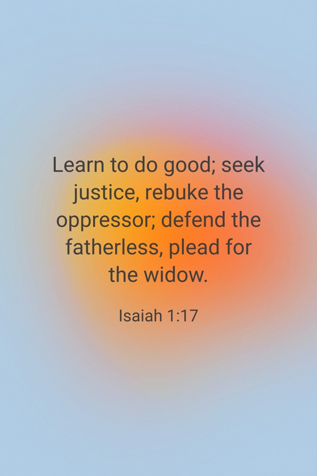 Learn to do good; seek justice, rebuke the oppressor; defend the fatherless, plead for the widow. - Isaiah 1:17