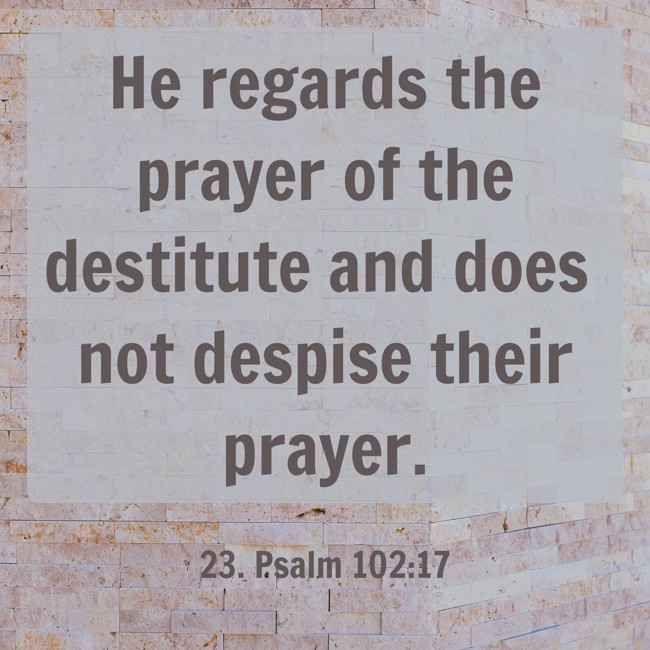  He regards the prayer of the destitute and does not despise their prayer.   - 23. Psalm 102:17 