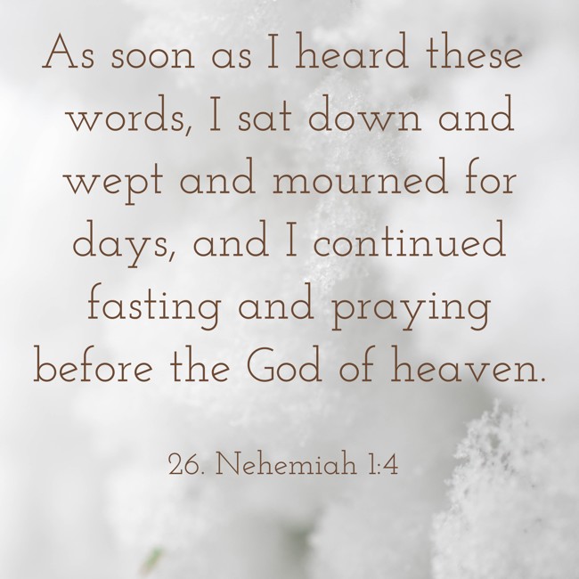  As soon as I heard these words, I sat down and wept and mourned for days, and I continued fasting and praying before the God of heaven.   - 26. Nehemiah 1:4 
