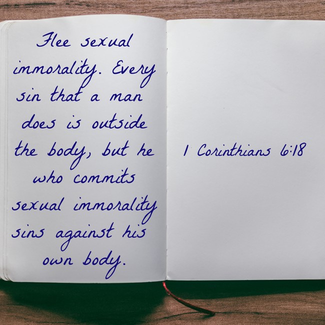  Flee sexual immorality. Every sin that a man does is outside the body, but he who commits sexual immorality sins against his own body.   - 1 Corinthians 6:18 