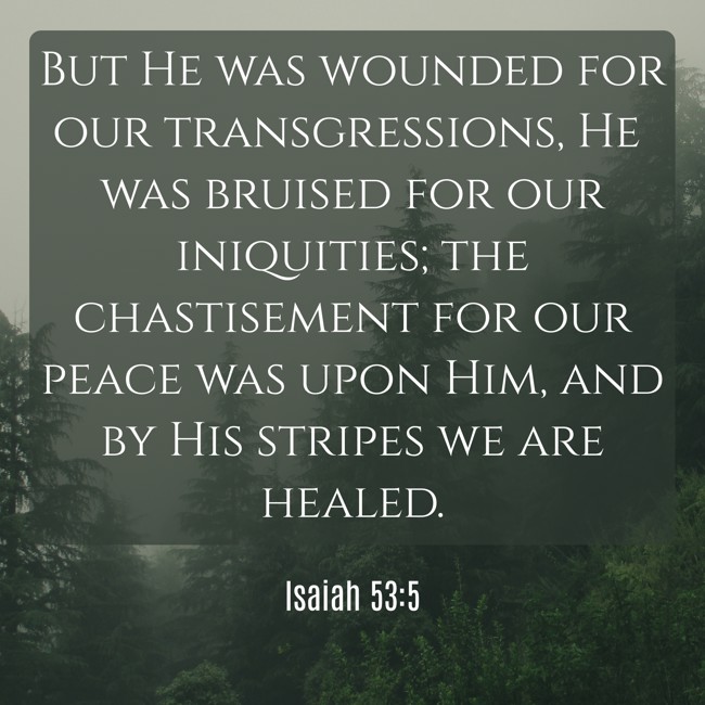 But He was wounded for our transgressions, He was bruised for our iniquities; the chastisement for our peace was upon Him, and by His stripes we are healed. - Isaiah 53:5