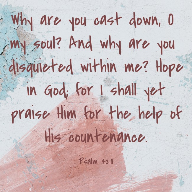 Why are you cast down, O my soul? And why are you disquieted within me? Hope in God; for I shall yet praise Him for the help of His countenance. - Psalm 42:11