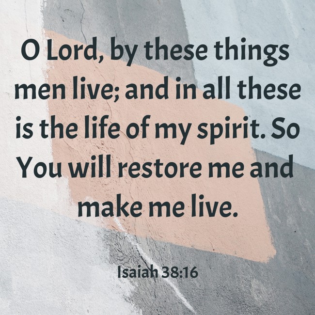 O Lord, by these things men live; and in all these is the life of my spirit. So You will restore me and make me live. - Isaiah 38:16