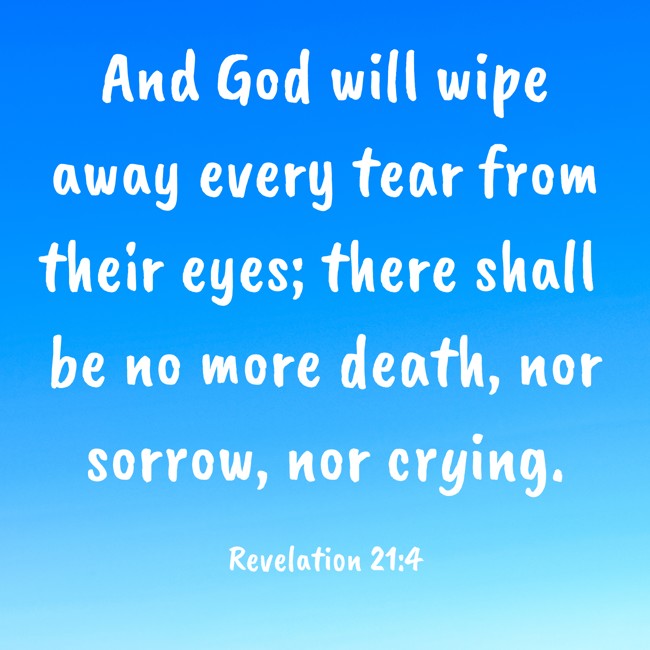 And God will wipe away every tear from their eyes; there shall be no more death, nor sorrow, nor crying. - Revelation 21:4
