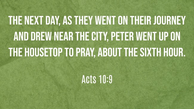 The next day, as they went on their journey and drew near the city, Peter went up on the housetop to pray, about the sixth hour. - Acts 10:9