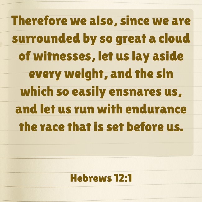 Therefore we also, since we are surrounded by so great a cloud of witnesses, let us lay aside every weight, and the sin which so easily ensnares us, and let us run with endurance the race that is set before us. - Hebrews 12:1