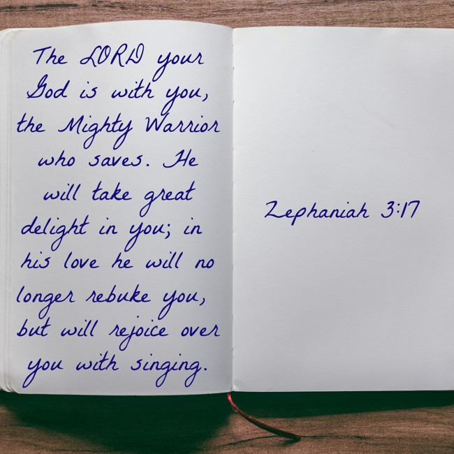 The LORD your God is with you, the Mighty Warrior who saves. He will take great delight in you; in his love he will no longer rebuke you, but will rejoice over you with singing. - Zephaniah 3:17