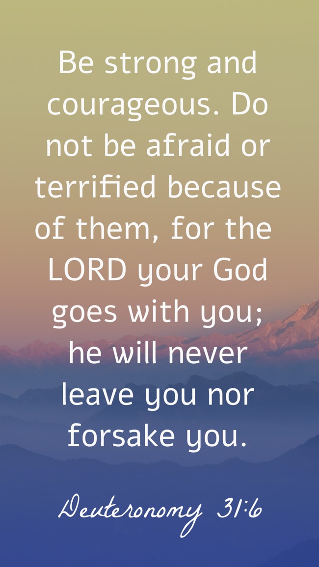 Be strong and courageous. Do not be afraid or terrified because of them, for the LORD your God goes with you; he will never leave you nor forsake you. - Deuteronomy 31:6