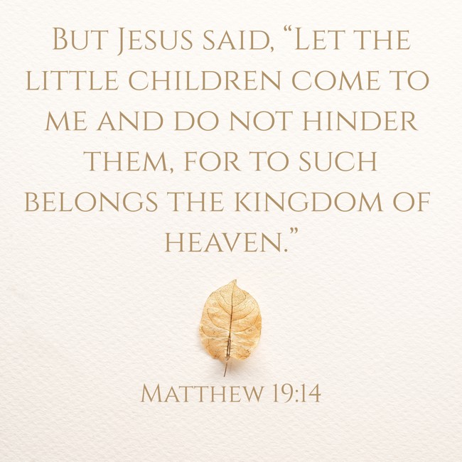 But Jesus said, “Let the little children come to me and do not hinder them, for to such belongs the kingdom of heaven.” - Matthew 19:14
