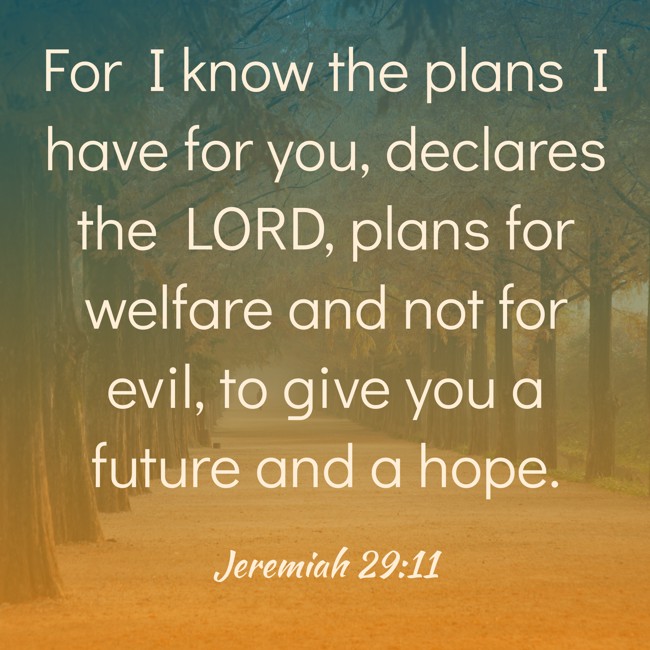 For I know the plans I have for you, declares the LORD, plans for welfare and not for evil, to give you a future and a hope. - Jeremiah 29:11