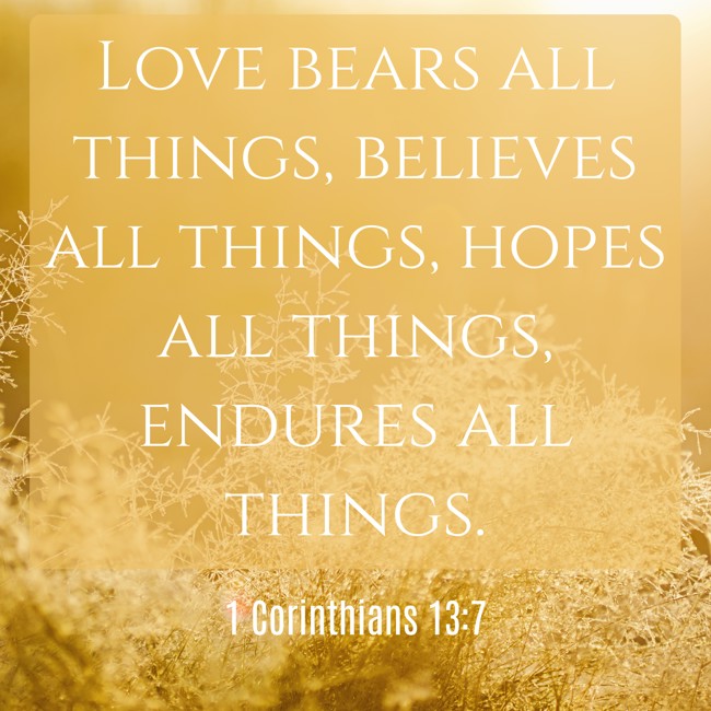 Love bears all things, believes all things, hopes all things, endures all things. - 1 Corinthians 13:7