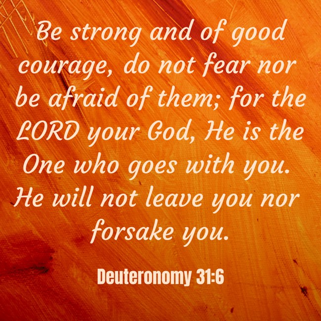 Be strong and of good courage, do not fear nor be afraid of them; for the LORD your God, He is the One who goes with you. He will not leave you nor forsake you. - Deuteronomy 31:6