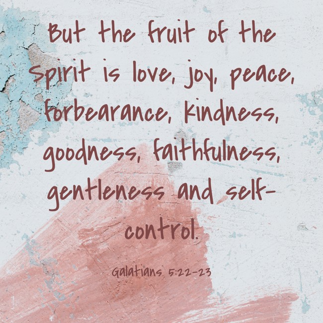But the fruit of the Spirit is love, joy, peace, forbearance, kindness, goodness, faithfulness, gentleness and self-control. - Galatians 5:22-23
