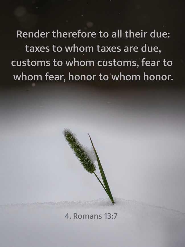Render therefore to all their due: taxes to whom taxes are due, customs to whom customs, fear to whom fear, honor to whom honor. - 4. Romans 13:7