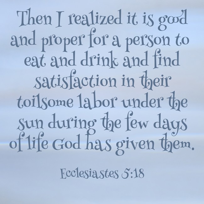 Then I realized it is good and proper for a person to eat and drink and find satisfaction in their toilsome labor under the sun during the few days of life God has given them. - Ecclesiastes 5:18