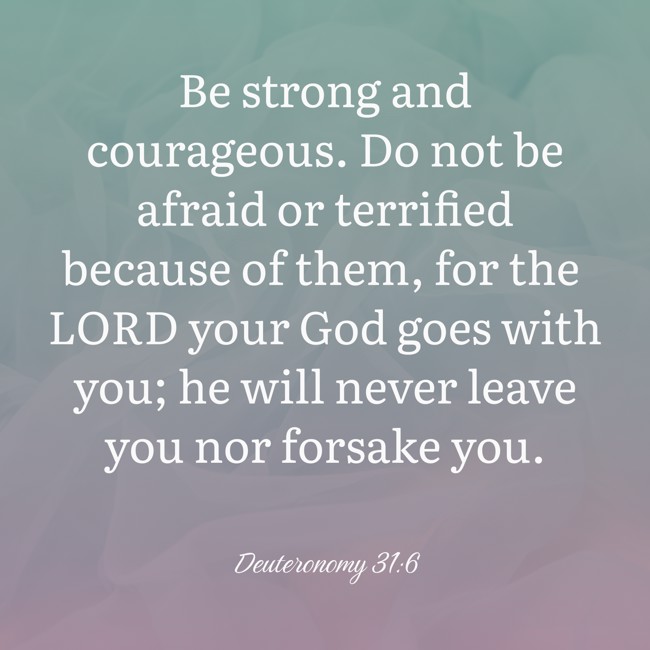 Be strong and courageous. Do not be afraid or terrified because of them, for the LORD your God goes with you; he will never leave you nor forsake you. - Deuteronomy 31:6