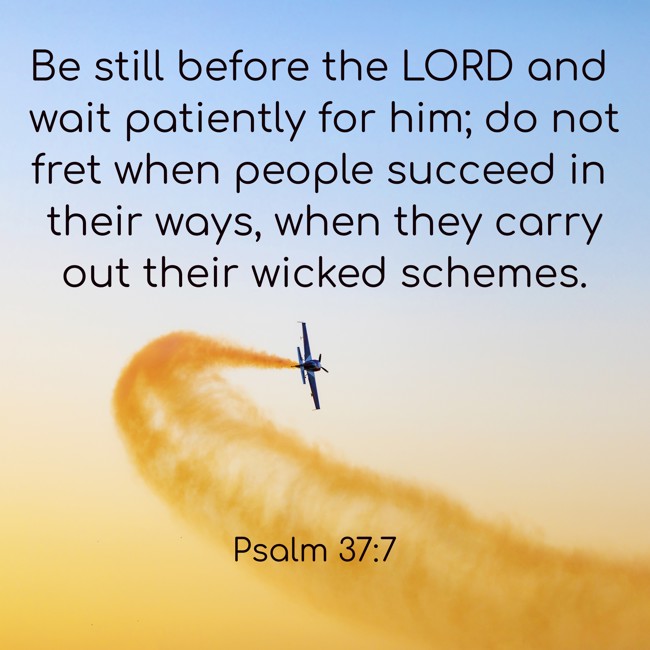 Be still before the LORD and wait patiently for him; do not fret when people succeed in their ways, when they carry out their wicked schemes. - Psalm 37:7