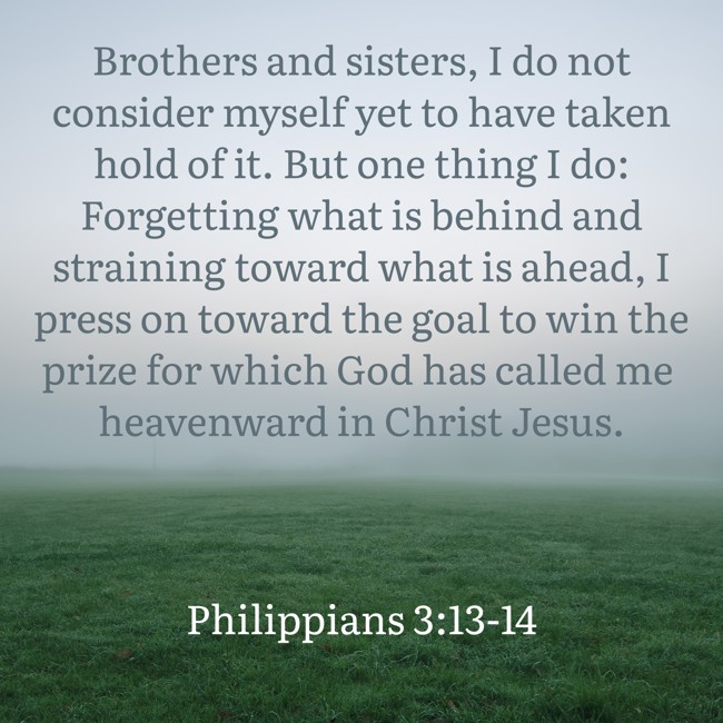 Brothers and sisters, I do not consider myself yet to have taken hold of it. But one thing I do: Forgetting what is behind and straining toward what is ahead, I press on toward the goal to win the prize for which God has called me heavenward in Christ Jesus. - Philippians 3:13-14