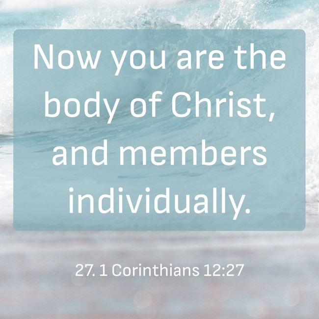 Now you are the body of Christ, and members individually. - 27. 1 Corinthians 12:27