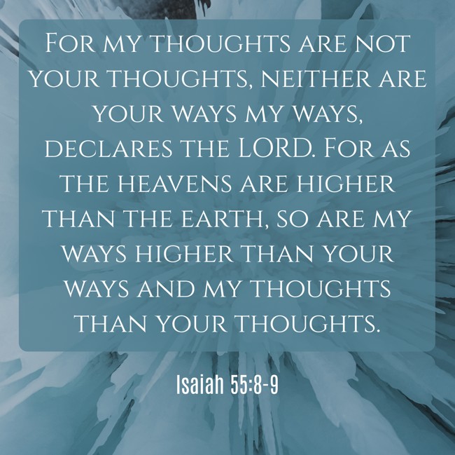 For my thoughts are not your thoughts, neither are your ways my ways, declares the LORD. For as the heavens are higher than the earth, so are my ways higher than your ways and my thoughts than your thoughts. - Isaiah 55:8-9